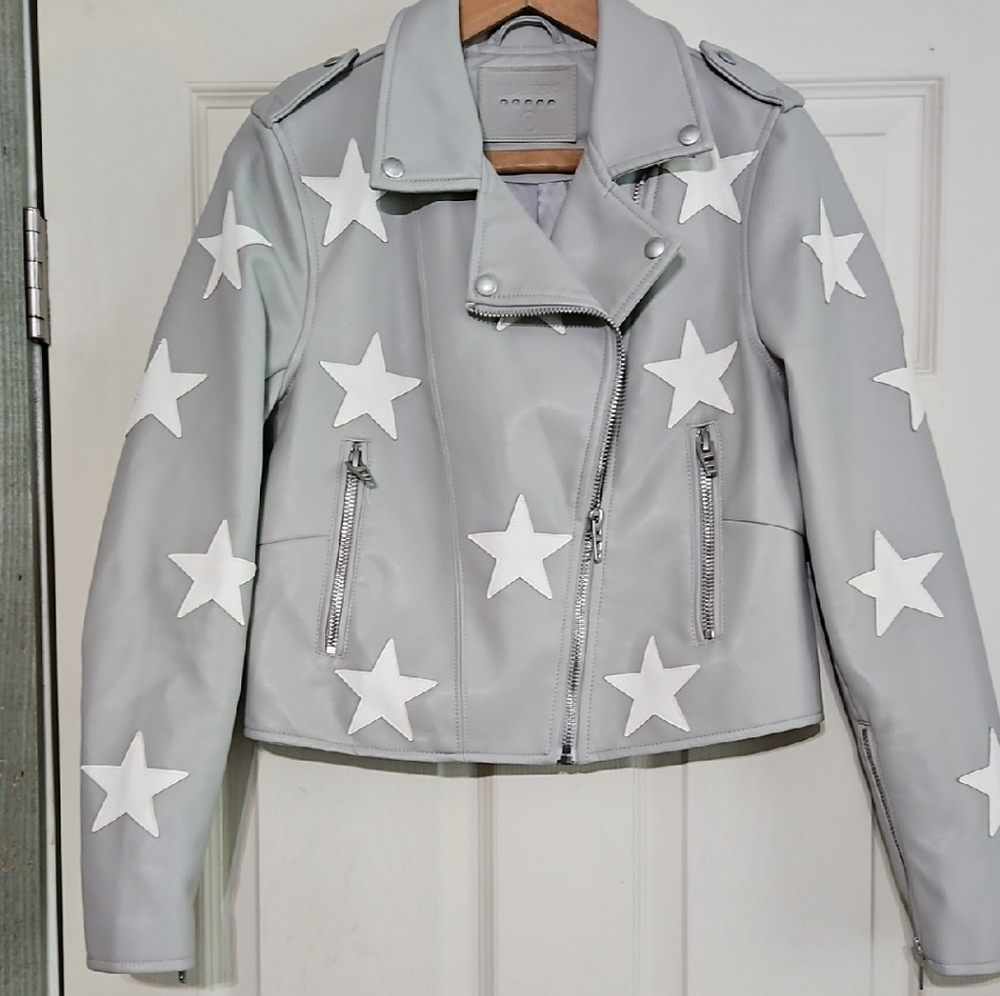 Blank NYC Light Gray Leather Jacket with White Stars